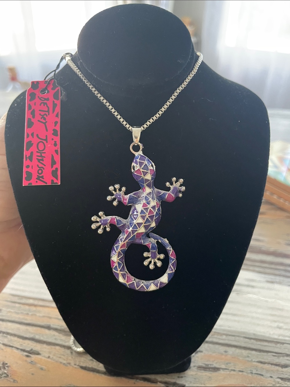 Betsey Johnson Purple & Pink Mosaic Gecko Pendant Necklace